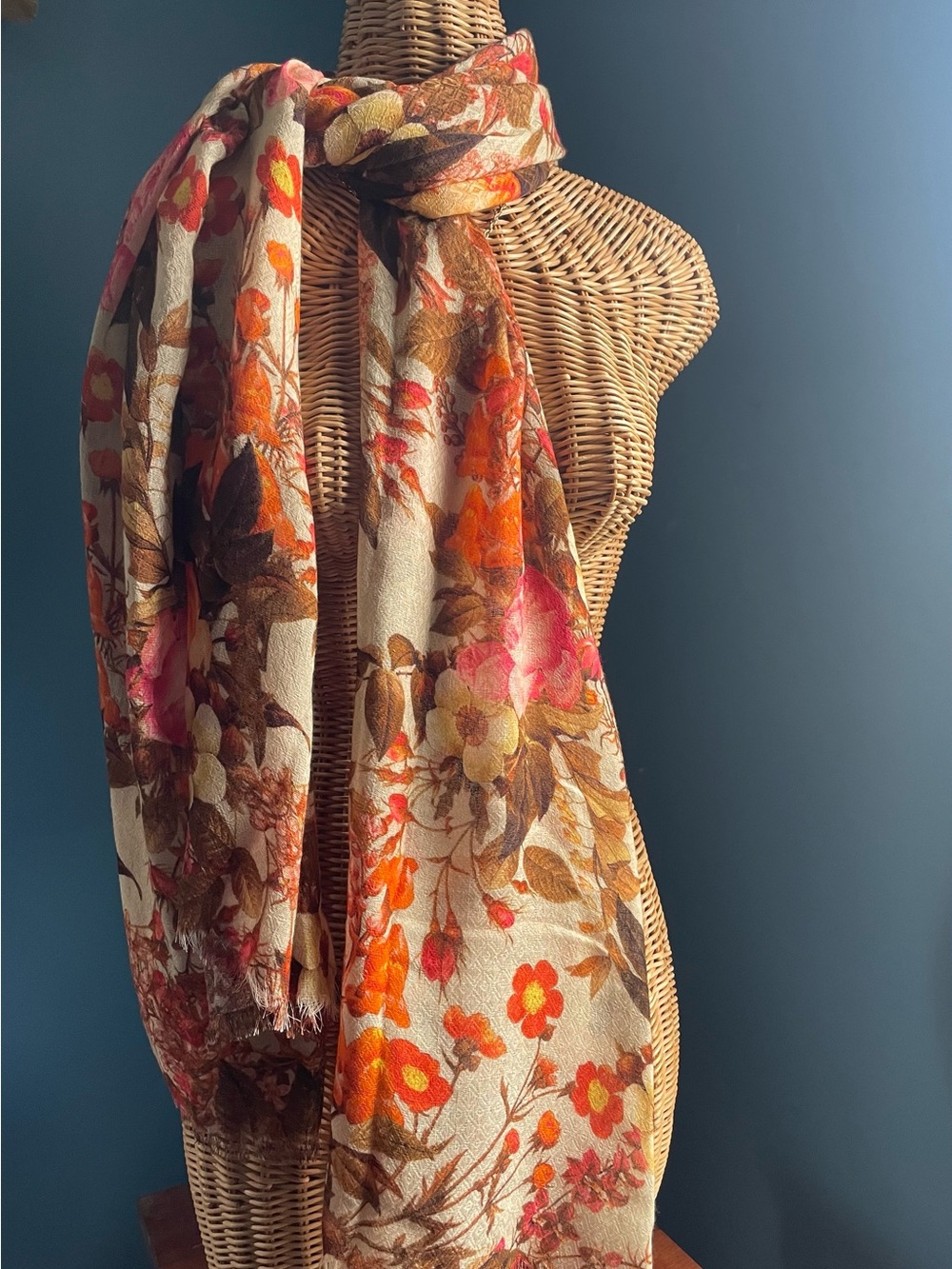 Talbots Fall Colors Floral Shawl Scarf Wrap Orange Tan Pink Brown 27” x 74